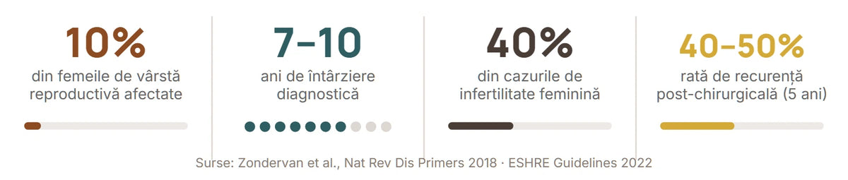 10% din femeile de vârstă reproductivă afectate 7–10 ani de întârziere diagnostică 40% din cazurile de infertilitate feminină 40–50% rată de recurență post-chirurgicală (5 ani) Surse: Zondervan et al., Nat Rev Dis Primers 2018 · ESHRE Guidelines 2022