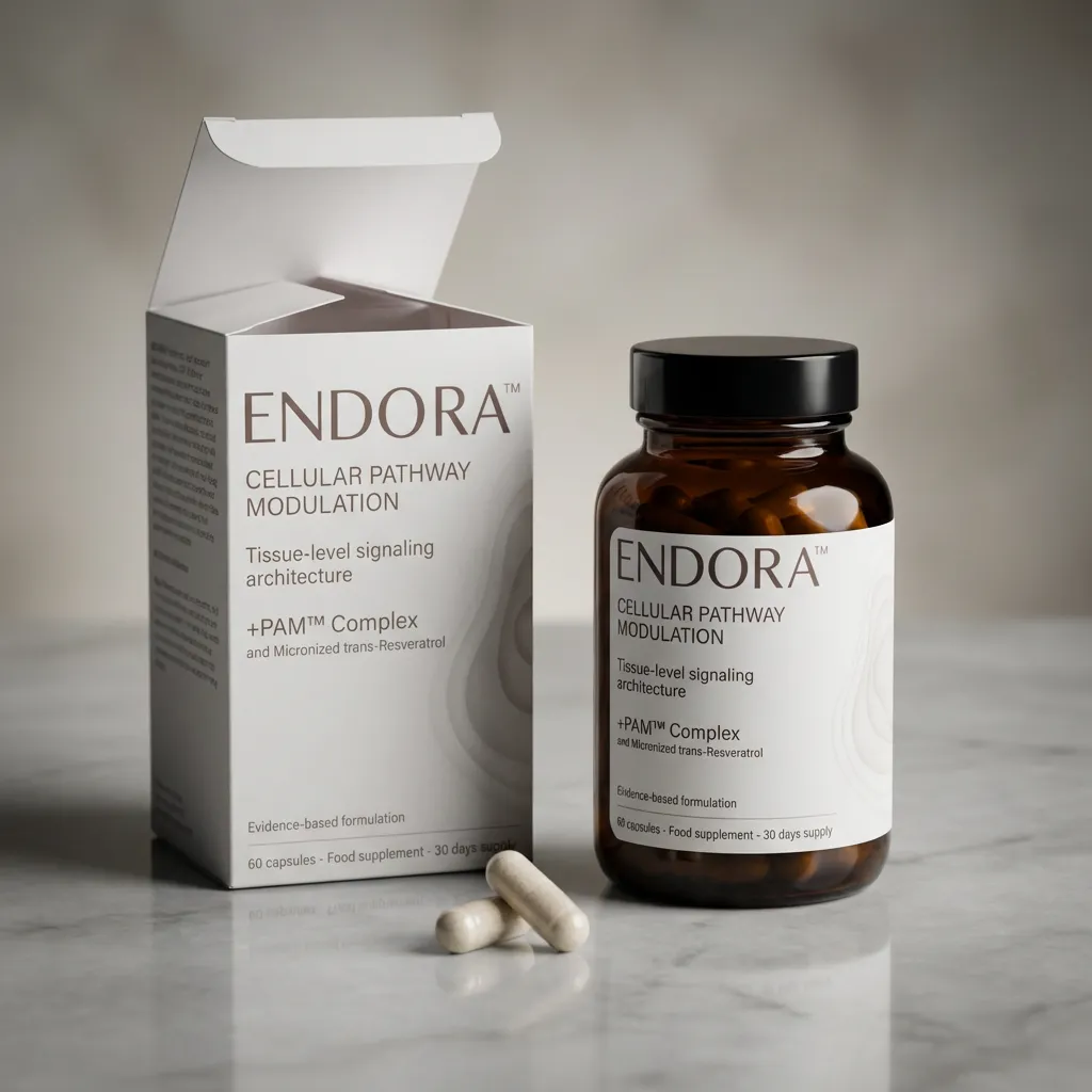 Cutia ENDORA™ deschisă cu recipientul și capsulele — formulă completă în doze clinice