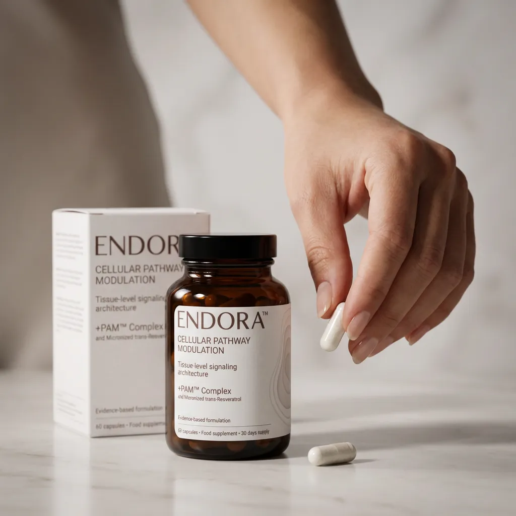 Femeie ținând capsula ENDORA™ — formulă nutraceutică pentru endometrioză