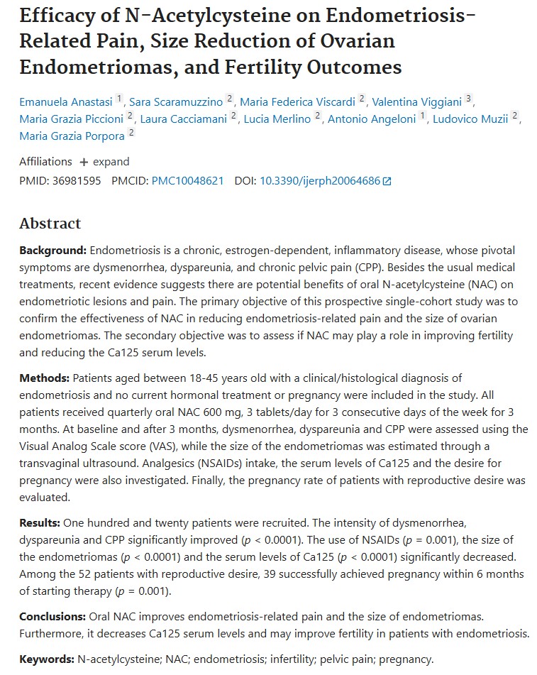 Screenshot PubMed — studiu clinic NAC 600mg pentru endometrioză, Anastasi et al. 2023