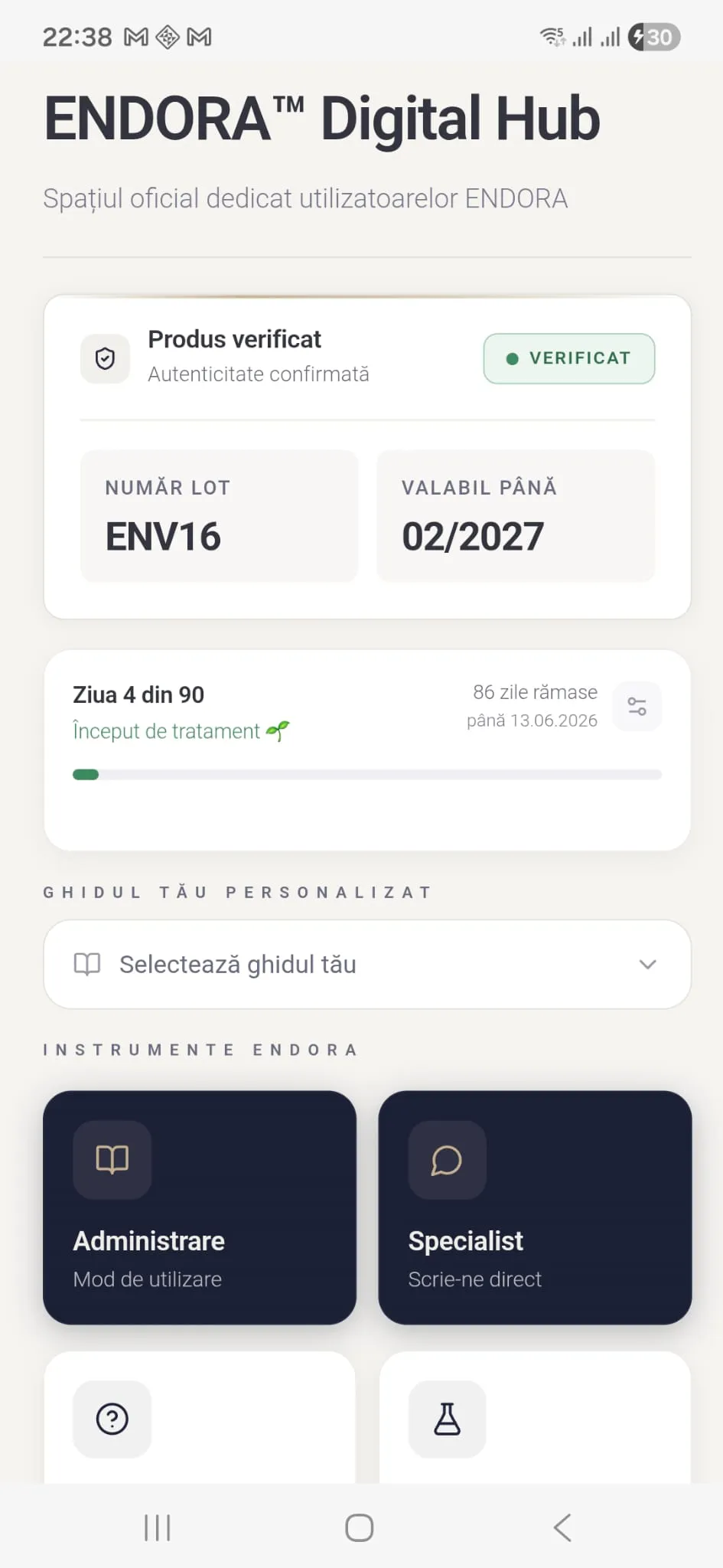 Screenshot aplicație ENDORA™ Digital Hub
