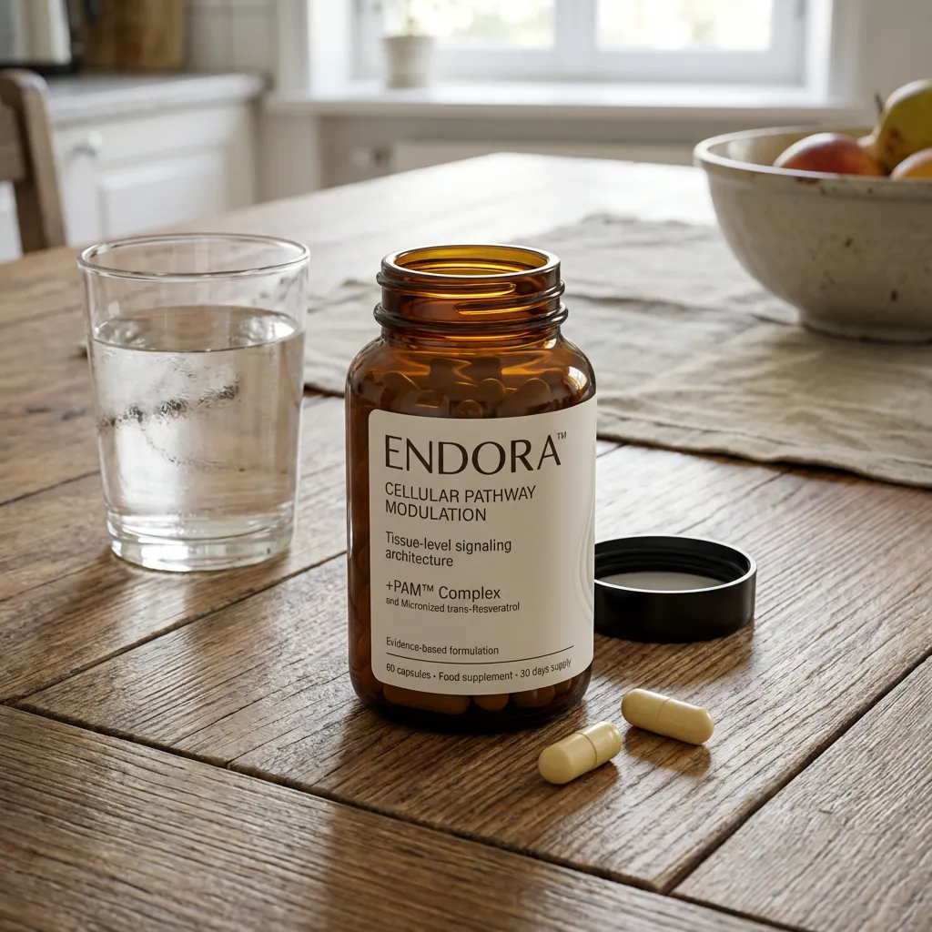 ENDORA™ — flacon pe masă în bucătărie lângă un pahar de apă
